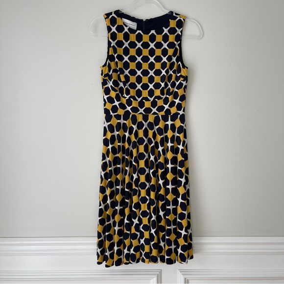 Donna Morgan Whitt Jersey Dress Honeycomb Navy blue Mustard yellow‎ Sz 0 - Picture 2 of 9
